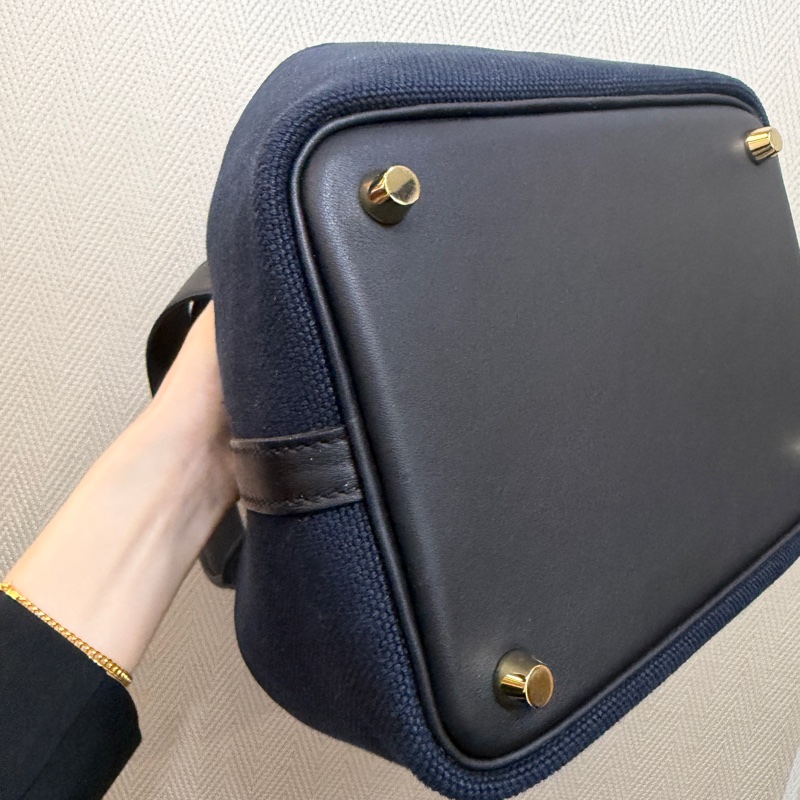 Hermes 深藍帆布拼黑牛皮金釦Picotin 18-6