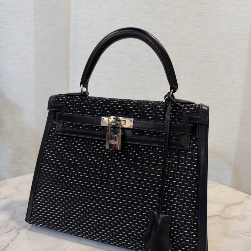 (超級限量品！！）Hermes 89黑Box皮拼馬毛編織銀釦Kelly 25-0