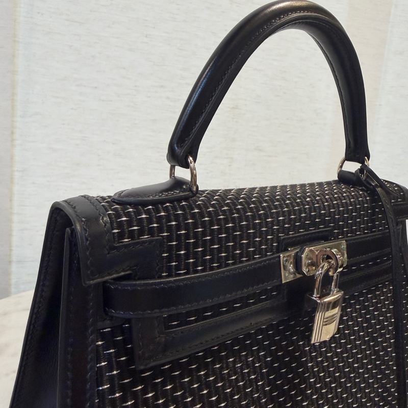 (超級限量品！！）Hermes 89黑Box皮拼馬毛編織銀釦Kelly 25-2