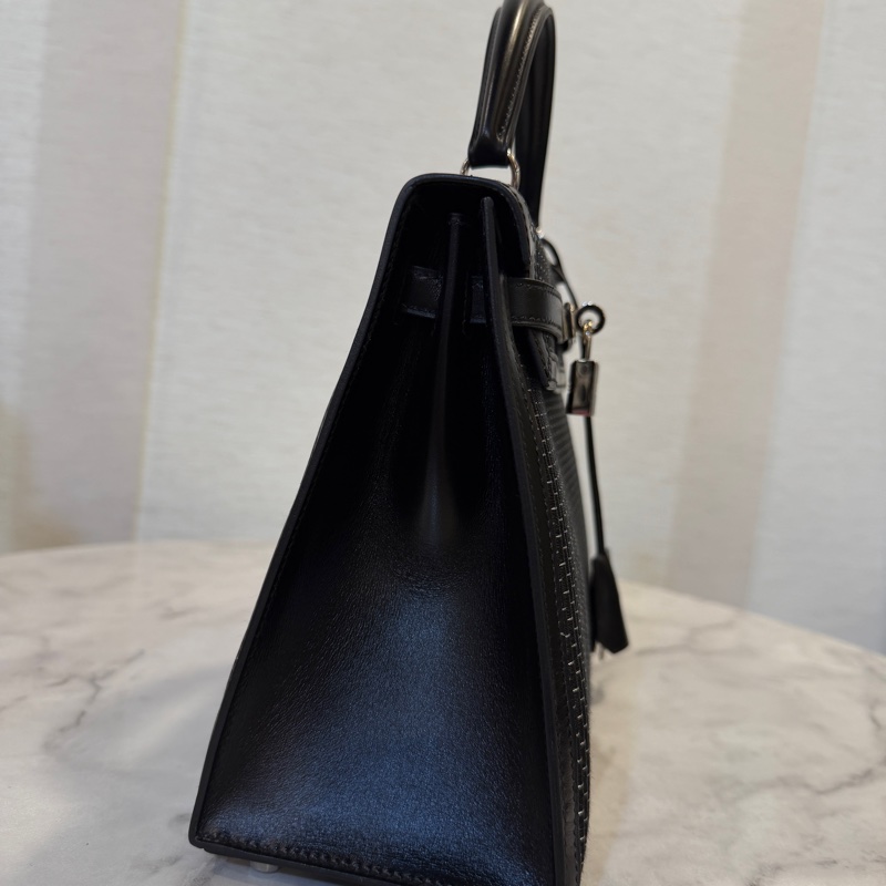 (超級限量品！！）Hermes 89黑Box皮拼馬毛編織銀釦Kelly 25-3