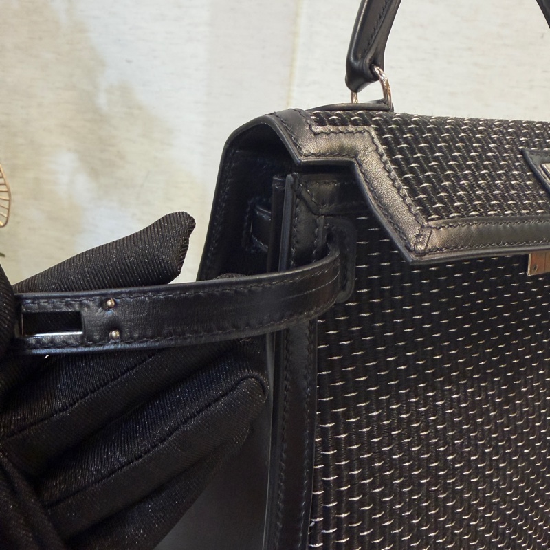 (超級限量品！！）Hermes 89黑Box皮拼馬毛編織銀釦Kelly 25-13