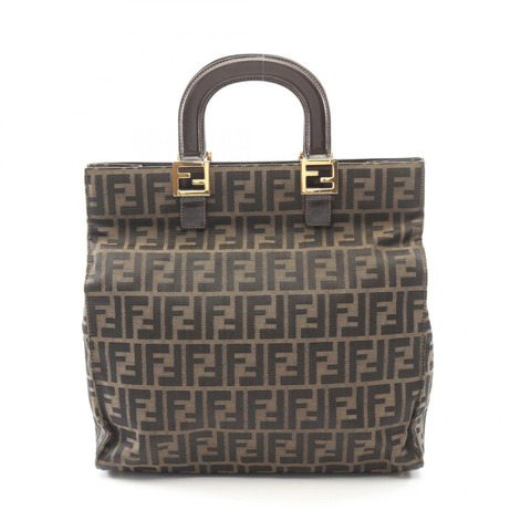 FENDI Zucca 托特包手袋帆布皮革棕色黑色 GHW 二手女式 FF