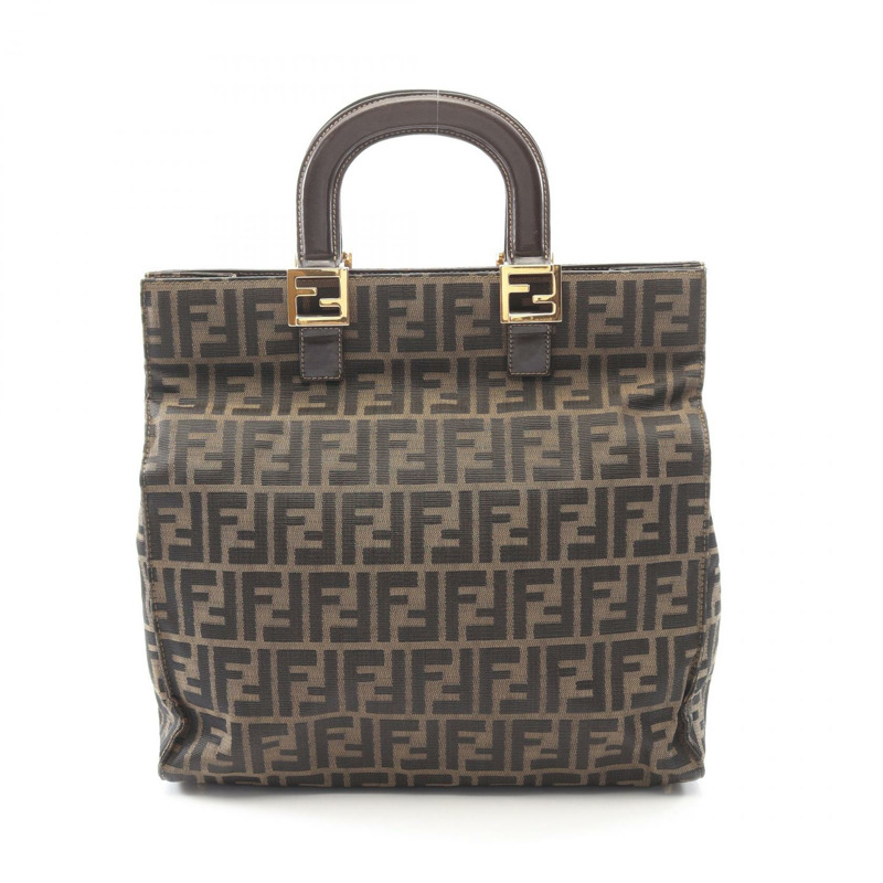 FENDI Zucca 托特包手袋帆布皮革棕色黑色 GHW 二手女式 FF-0