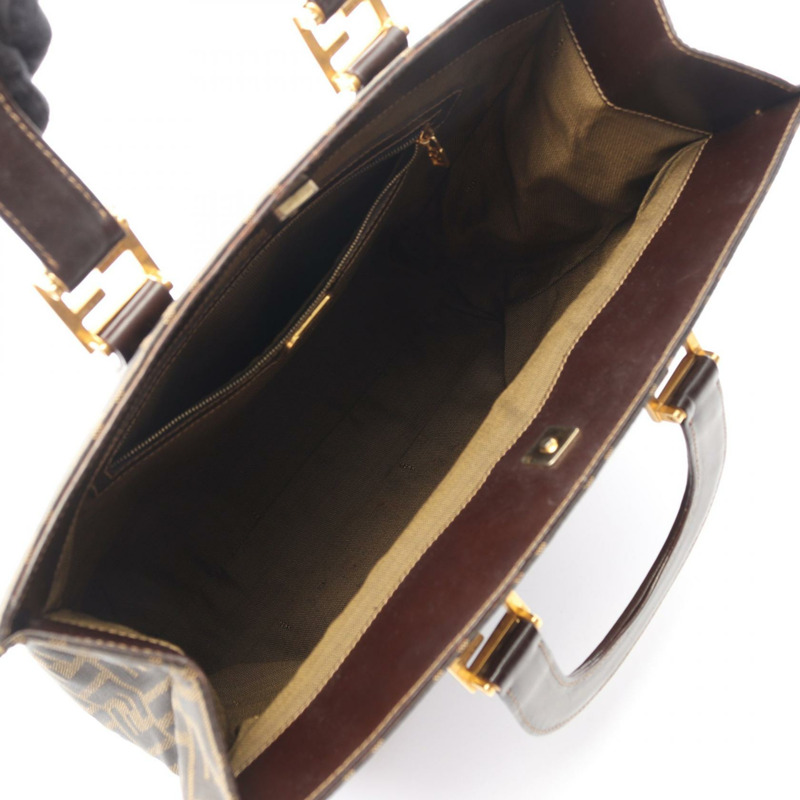 FENDI Zucca 托特包手袋帆布皮革棕色黑色 GHW 二手女式 FF-2