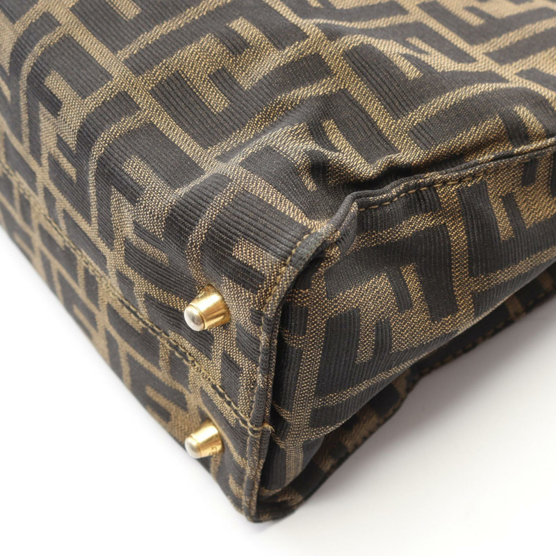 FENDI Zucca 托特包手袋帆布皮革棕色黑色 GHW 二手女式 FF-6