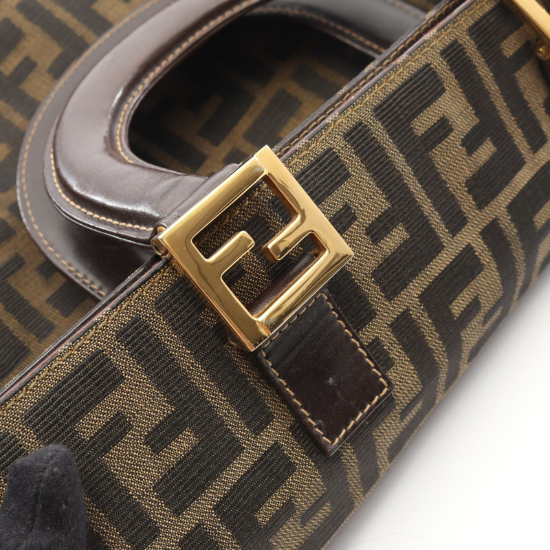 FENDI Zucca 托特包手袋帆布皮革棕色黑色 GHW 二手女式 FF-7