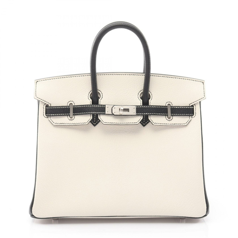 愛馬仕 Birkin 25 手提包,山羊皮,白色/黑色,二手,女士 K-0