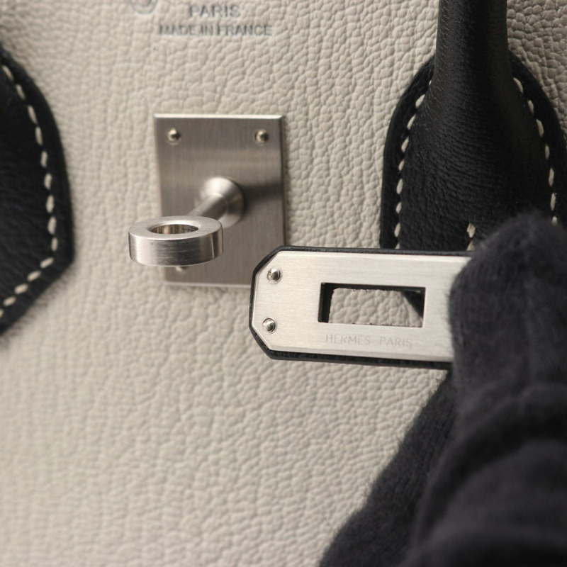 愛馬仕 Birkin 25 手提包,山羊皮,白色/黑色,二手,女士 K-9