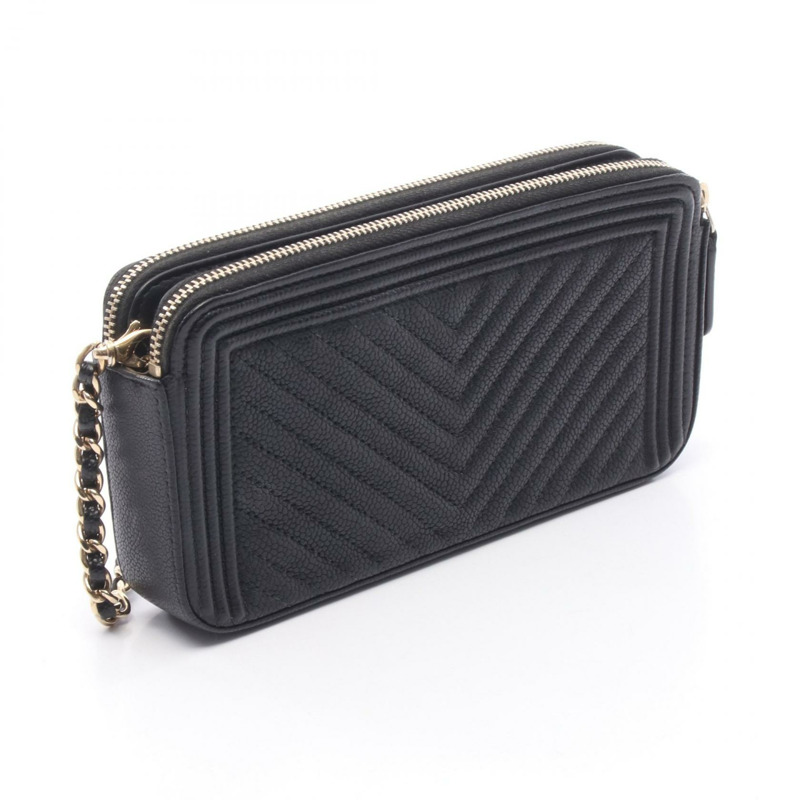 香奈兒 Boy Chanel Chevron 鏈條單肩包，黑色皮革，二手女款，金色五金，WOC-1