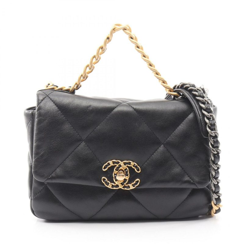 香奈兒 19 dix-neuf Matelasse 鏈條肩背包 AS1160 羊皮 黑色 二手-0