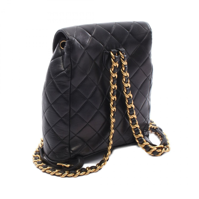 香奈兒 (CHANEL) 絎縫雙肩包，羊皮材質，黑色，二手，女款，金色五金-1