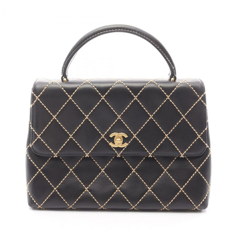 香奈兒 (CHANEL) 野性縫線手提包，黑色皮革，二手，女士，金色五金，CC標誌，Coco