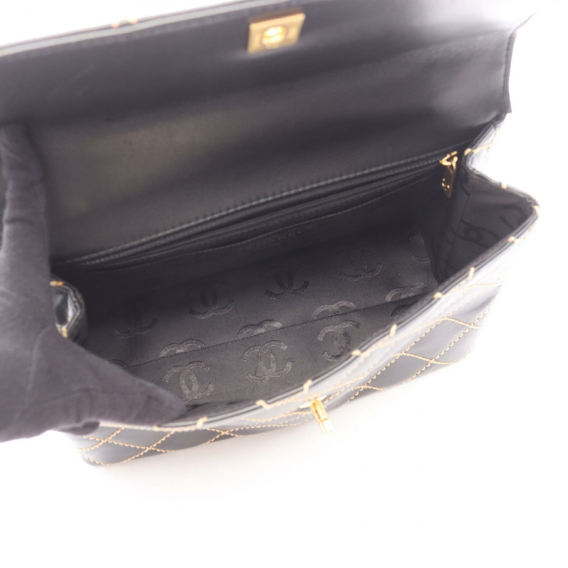 香奈兒 (CHANEL) 野性縫線手提包,黑色皮革,二手,女士,金色五金,CC標誌,Coco-2