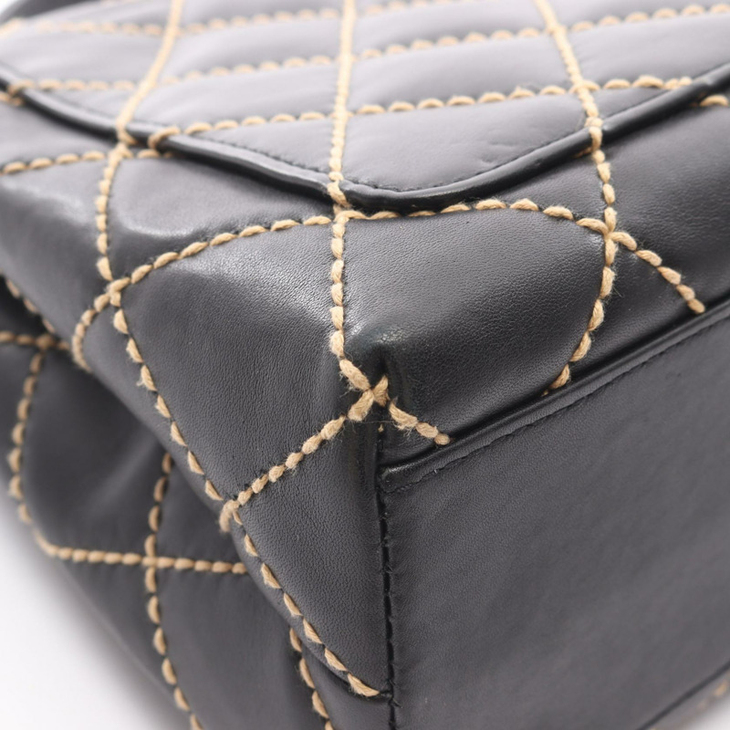 香奈兒 (CHANEL) 野性縫線手提包,黑色皮革,二手,女士,金色五金,CC標誌,Coco-7