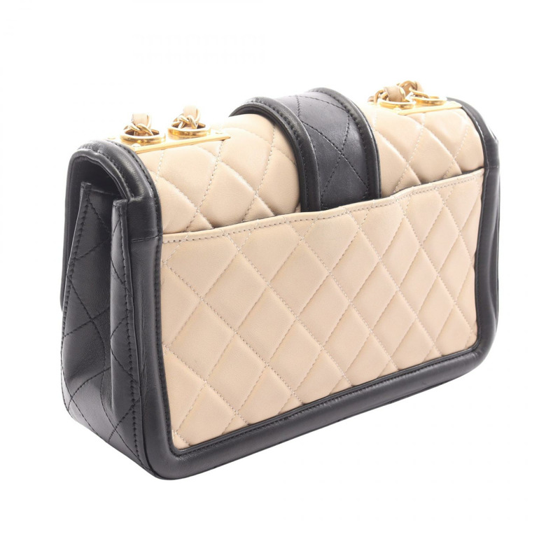 香奈兒 (CHANEL) Matelasse 羊皮單肩包，黑色/米色，二手，女士，金色五金-1
