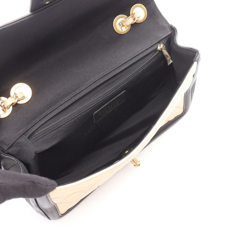 香奈兒 (CHANEL) Matelasse 羊皮單肩包，黑色/米色，二手，女士，金色五金-2