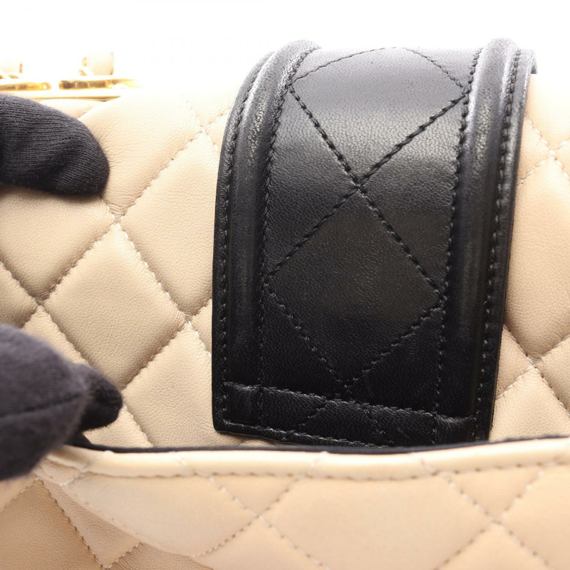 香奈兒 (CHANEL) Matelasse 羊皮單肩包，黑色/米色，二手，女士，金色五金-9