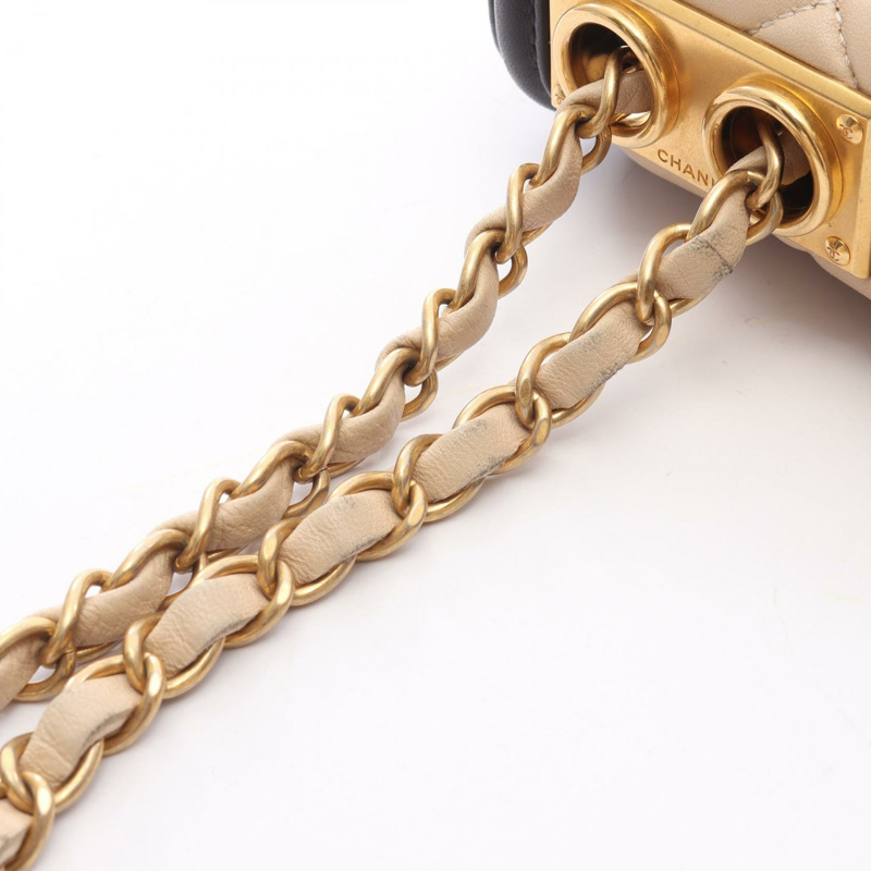 香奈兒 (CHANEL) Matelasse 羊皮單肩包，黑色/米色，二手，女士，金色五金-10