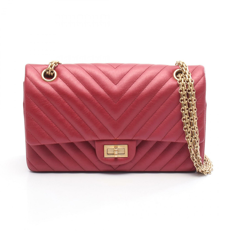 香奈兒 2.55 人字紋 V 型縫線 W 型翻蓋鏈條肩背包,紅色皮革,二手,金色五金 CC-0