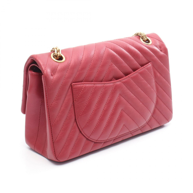 香奈兒 2.55 人字紋 V 型縫線 W 型翻蓋鏈條肩背包,紅色皮革,二手,金色五金 CC-1