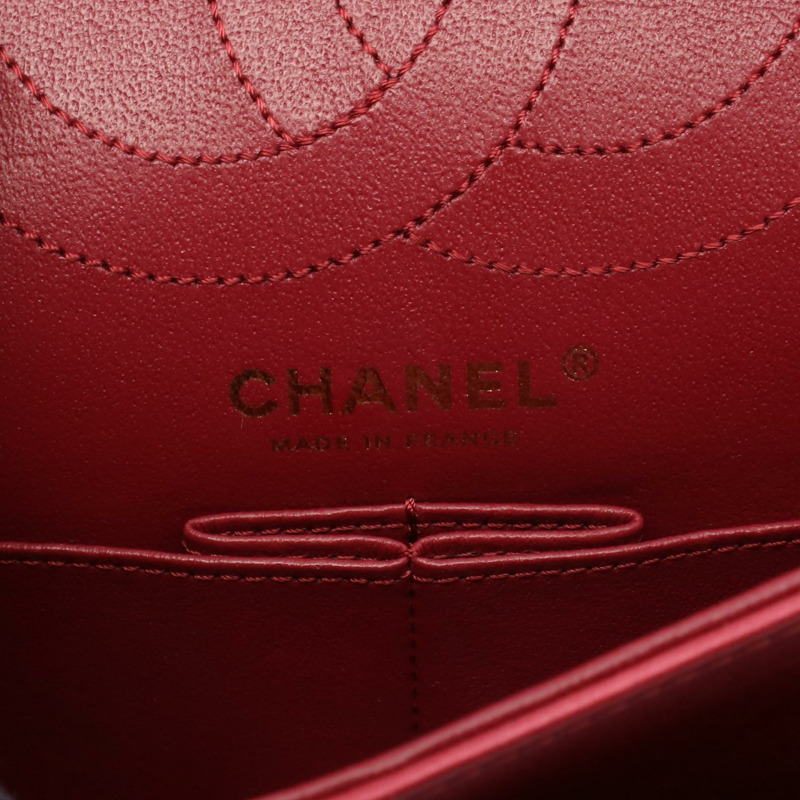 香奈兒 2.55 人字紋 V 型縫線 W 型翻蓋鏈條肩背包,紅色皮革,二手,金色五金 CC-3