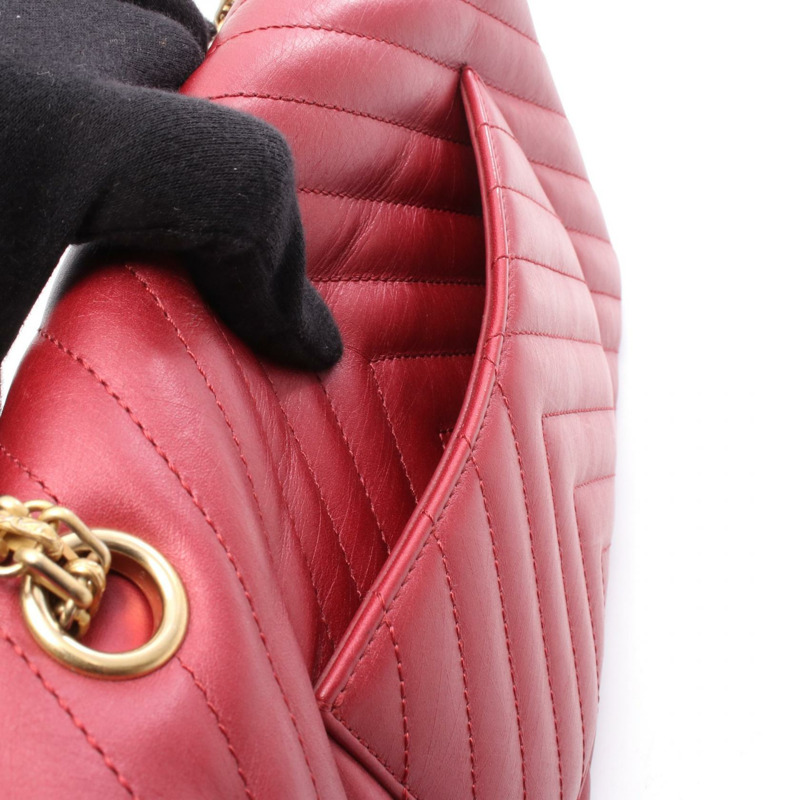 香奈兒 2.55 人字紋 V 型縫線 W 型翻蓋鏈條肩背包,紅色皮革,二手,金色五金 CC-5