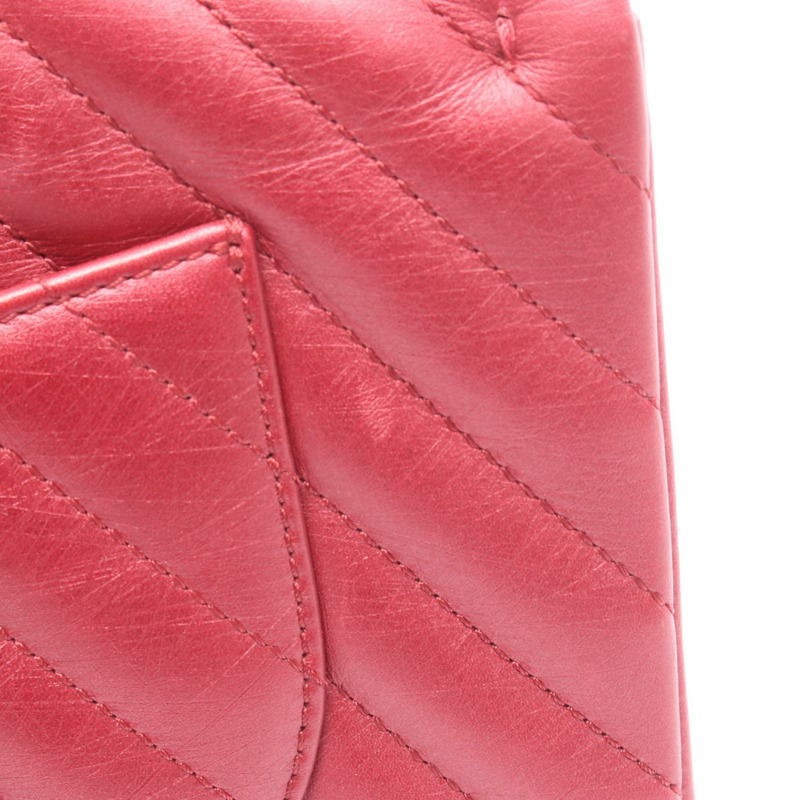 香奈兒 2.55 人字紋 V 型縫線 W 型翻蓋鏈條肩背包,紅色皮革,二手,金色五金 CC-7