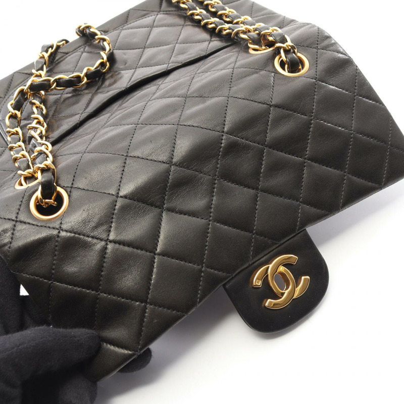 香奈兒 (CHANEL) Matelasse W 翻蓋鏈條單肩背包，羊皮材質，黑色，二手，金色五金-8