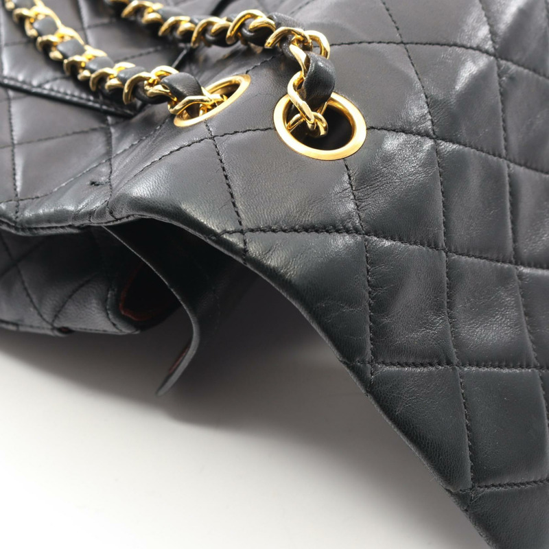 香奈兒 (CHANEL) Matelasse W 翻蓋鏈條單肩包，羊皮材質，黑色，二手，女士款，金色五金-8