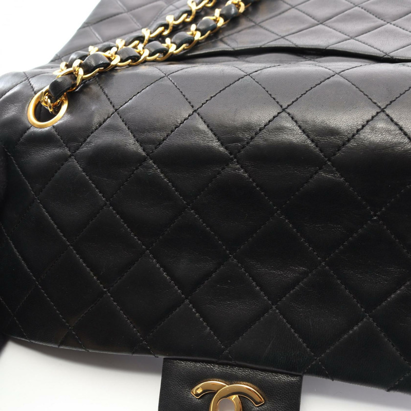 香奈兒 (CHANEL) Matelasse W 翻蓋鏈條單肩包，羊皮材質，黑色，二手，女士款，金色五金-9