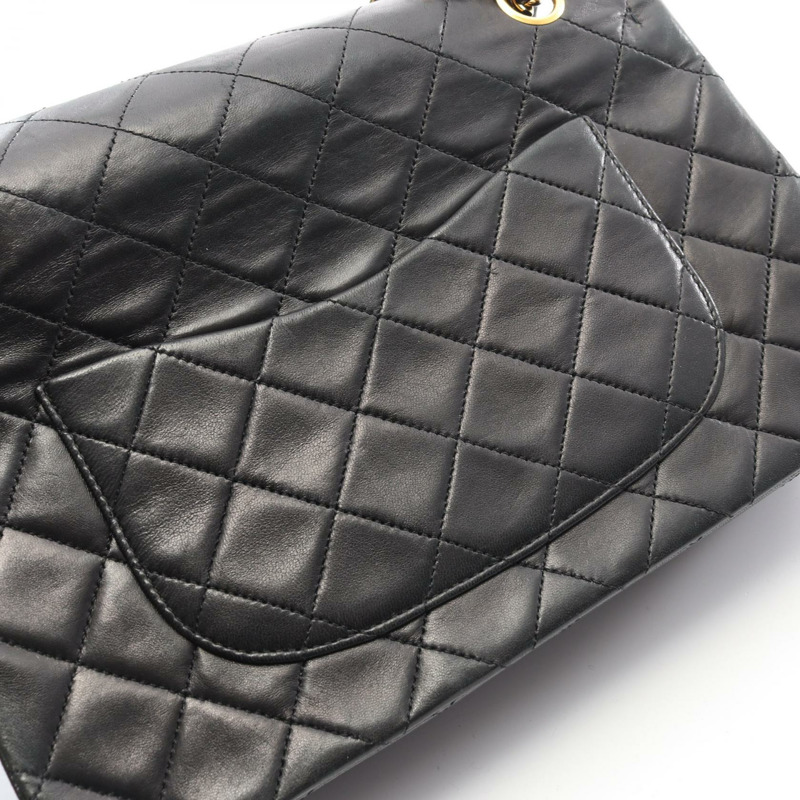 香奈兒 (CHANEL) Matelasse W 翻蓋鏈條單肩包，羊皮材質，黑色，二手，女士款，金色五金-10