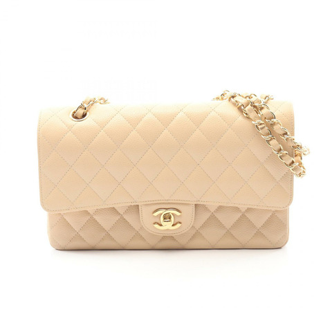 香奈兒 (CHANEL) Matelasse W 翻蓋肩鏈包 A01112 米色皮革 二手 金色五金