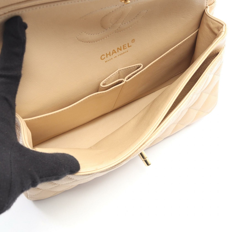 香奈兒 (CHANEL) Matelasse W 翻蓋肩鏈包 A01112 米色皮革 二手 金色五金-2