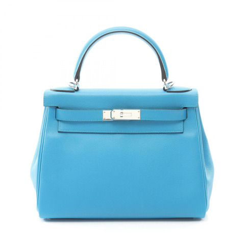 愛馬仕 Kelly 28 單肩手提包，Evercolor 皮革，藍色 Zanzibar 款，二手，帶五金配件。