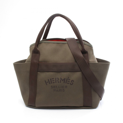 HERMES Sac de Pansage 單肩托特包 A 068312CK 印花布軍事 V 形卡其色