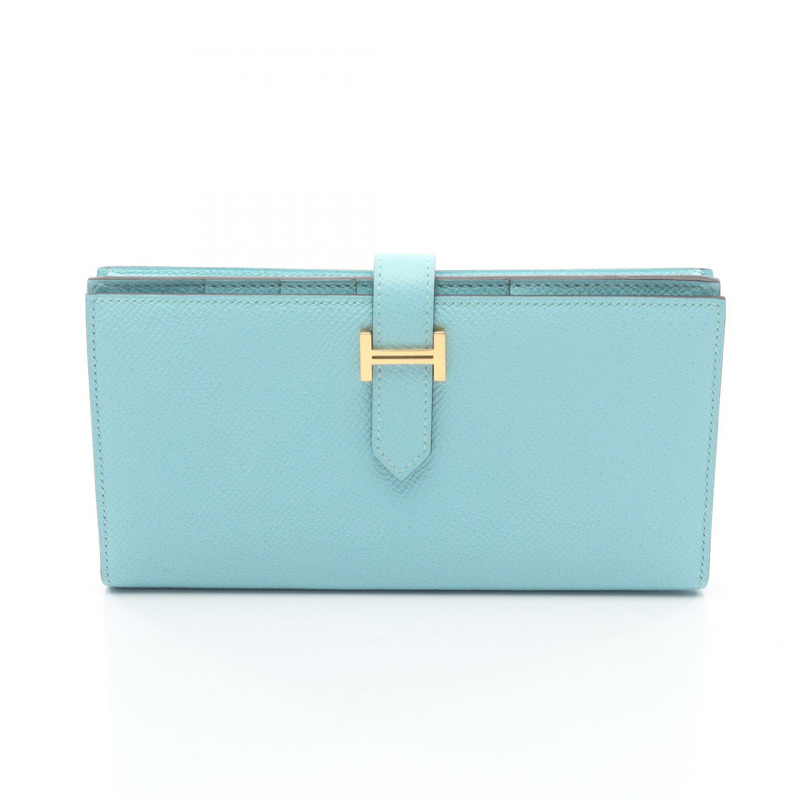 愛馬仕 Bearn Soufflet 雙折長皮夾 X Epsom Blue 環礁色 二手 GHW 女士-0