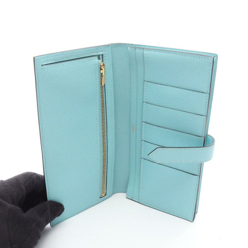愛馬仕 Bearn Soufflet 雙折長皮夾 X Epsom Blue 環礁色 二手 GHW 女士-2