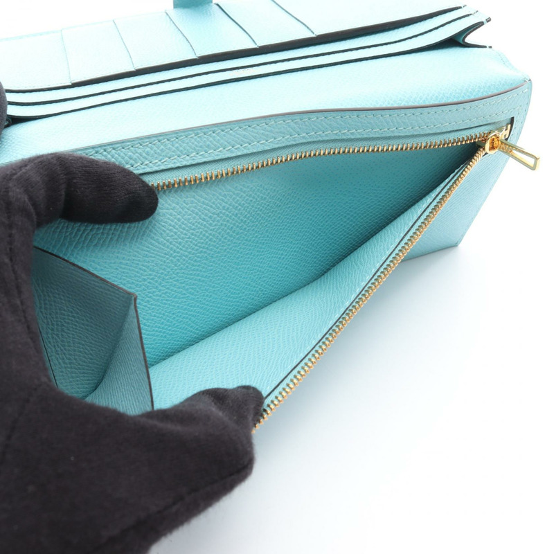 愛馬仕 Bearn Soufflet 雙折長皮夾 X Epsom Blue 環礁色 二手 GHW 女士-3