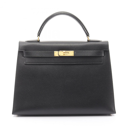 愛馬仕 Kelly 32 手提包，黑色，外側縫線 Ardennes 皮革，二手，金色五金