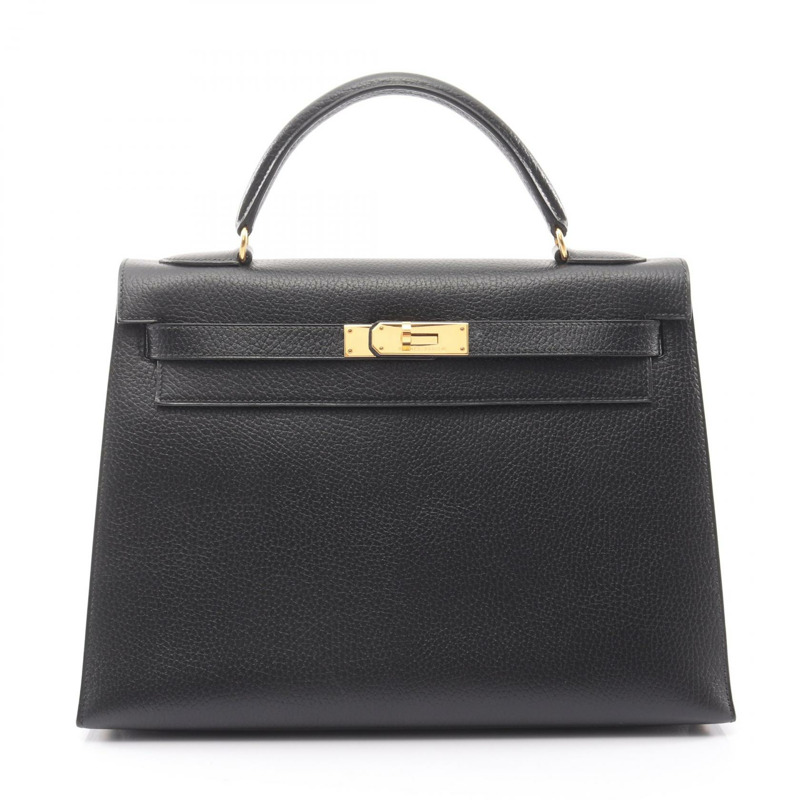 愛馬仕 Kelly 32 手提包,黑色,外側縫線 Ardennes 皮革,二手,金色五金-0