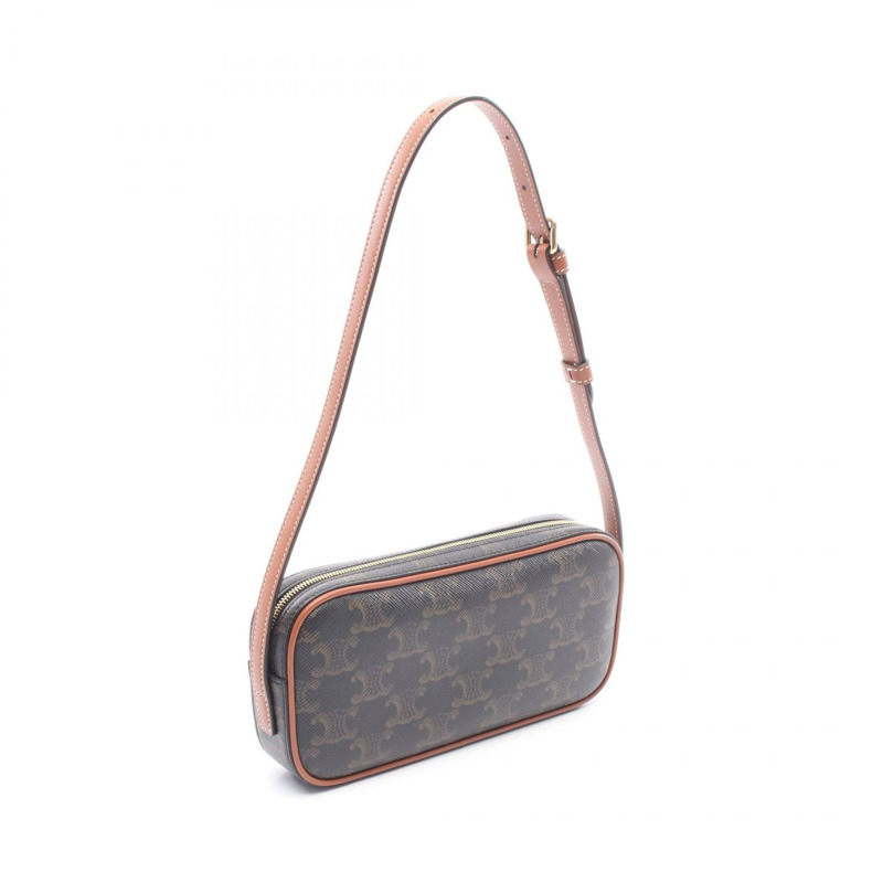 CELINE Cuir Triomphe 迷你相機單肩包，帆布皮革，黑色/棕色，二手-1