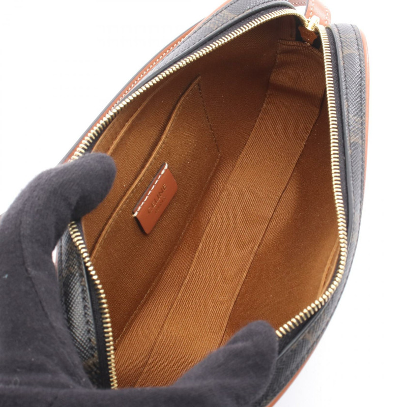 CELINE Cuir Triomphe 迷你相機單肩包，帆布皮革，黑色/棕色，二手-2