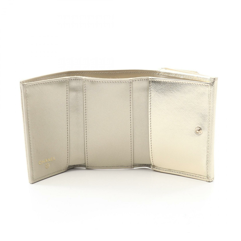 香奈兒 COCO 標誌三折皮夾 小牛皮 金色 二手 女士 CC-2