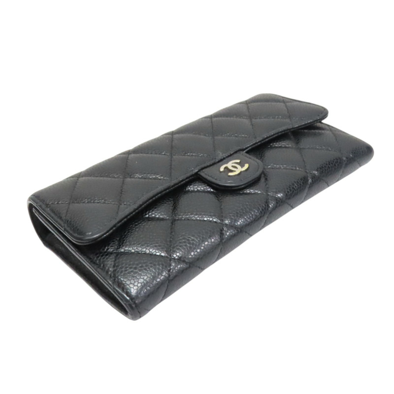 黑色 荔枝紋牛皮 扣式長夾 金扣【CHANEL 香奈兒】 AP0241-2