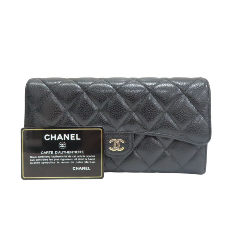 黑色 荔枝紋牛皮 扣式長夾 金扣【CHANEL 香奈兒】 AP0241-10