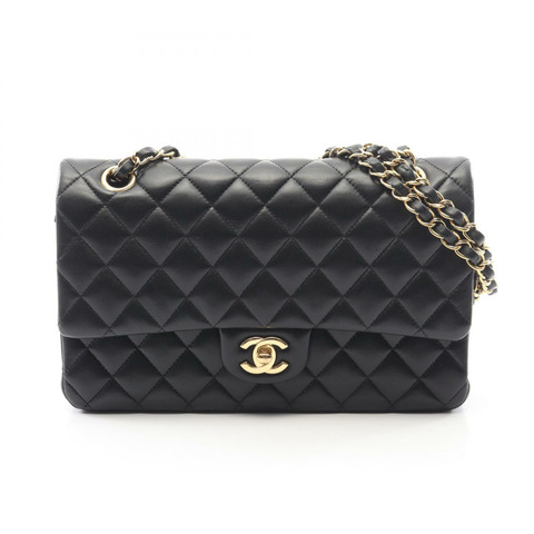 香奈兒 (CHANEL) Matelasse 雙蓋鏈條肩背包 A01112 羊皮黑色金色五金二手