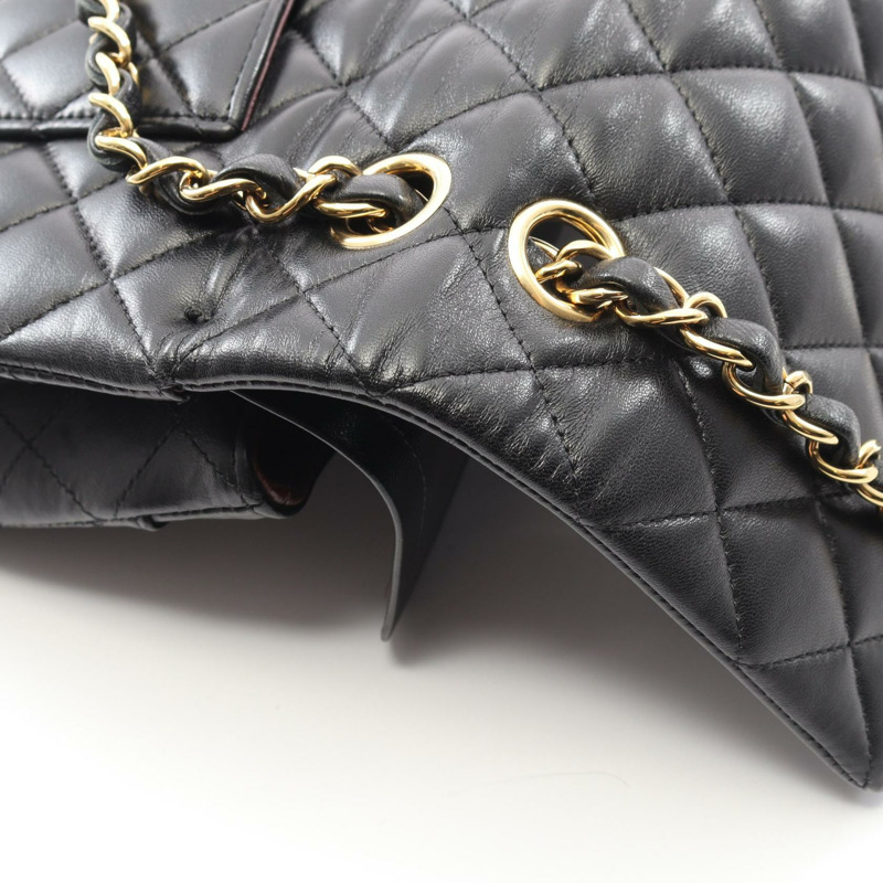 香奈兒 (CHANEL) Matelasse 雙蓋鏈條肩背包 A01112 羊皮黑色金色五金二手-9