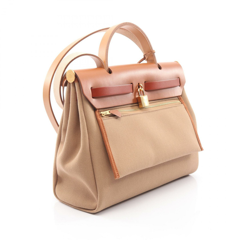 愛馬仕 Herbag Zip PM Retourne 單肩手提包,帆布皮革,米色,金色五金,二手 K-1