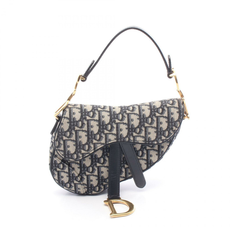 Christian Dior SADDLE Oblique 手提包，帆布皮革，海軍藍/米色，二手女款-0