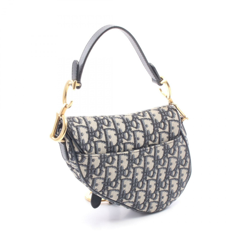 Christian Dior SADDLE Oblique 手提包，帆布皮革，海軍藍/米色，二手女款-1